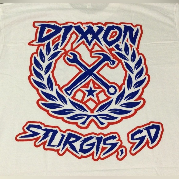 Dixxon White Sturgis USA Sketchy Blue and Red Crest Graphic Men’s T-Shirt Size L - Picture 2 of 7